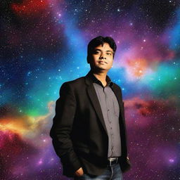 Rajesh Dai standing amidst a backdrop of a twinkling star-studded universe with galaxies and nebulas around him.