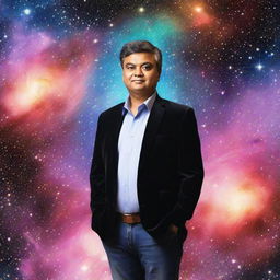 Rajesh Dai standing amidst a backdrop of a twinkling star-studded universe with galaxies and nebulas around him.