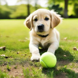 A golden retriever puppy playing with a worn-out tennis ball in the middle of a vibrant green park during a sunny afternoon