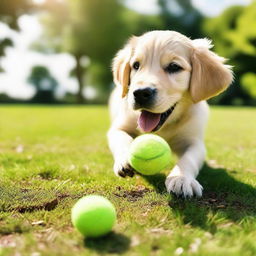 A golden retriever puppy playing with a worn-out tennis ball in the middle of a vibrant green park during a sunny afternoon