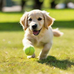 A golden retriever puppy playing with a worn-out tennis ball in the middle of a vibrant green park during a sunny afternoon