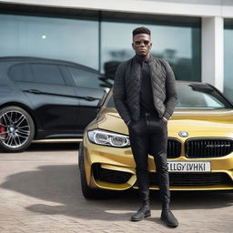 A black boy in a wheelchair, radiating confidence, standing in front of a stylish BMW M4 and a sporty VW Golf 7 GTI, symbolizing high-end automotive excellence.