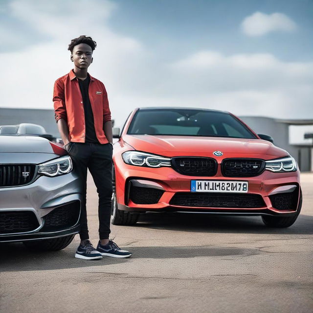 A black boy in a wheelchair, radiating confidence, standing in front of a stylish BMW M4 and a sporty VW Golf 7 GTI, symbolizing high-end automotive excellence.