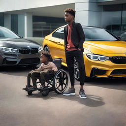 A black boy in a wheelchair, radiating confidence, standing in front of a stylish BMW M4 and a sporty VW Golf 7 GTI, symbolizing high-end automotive excellence.