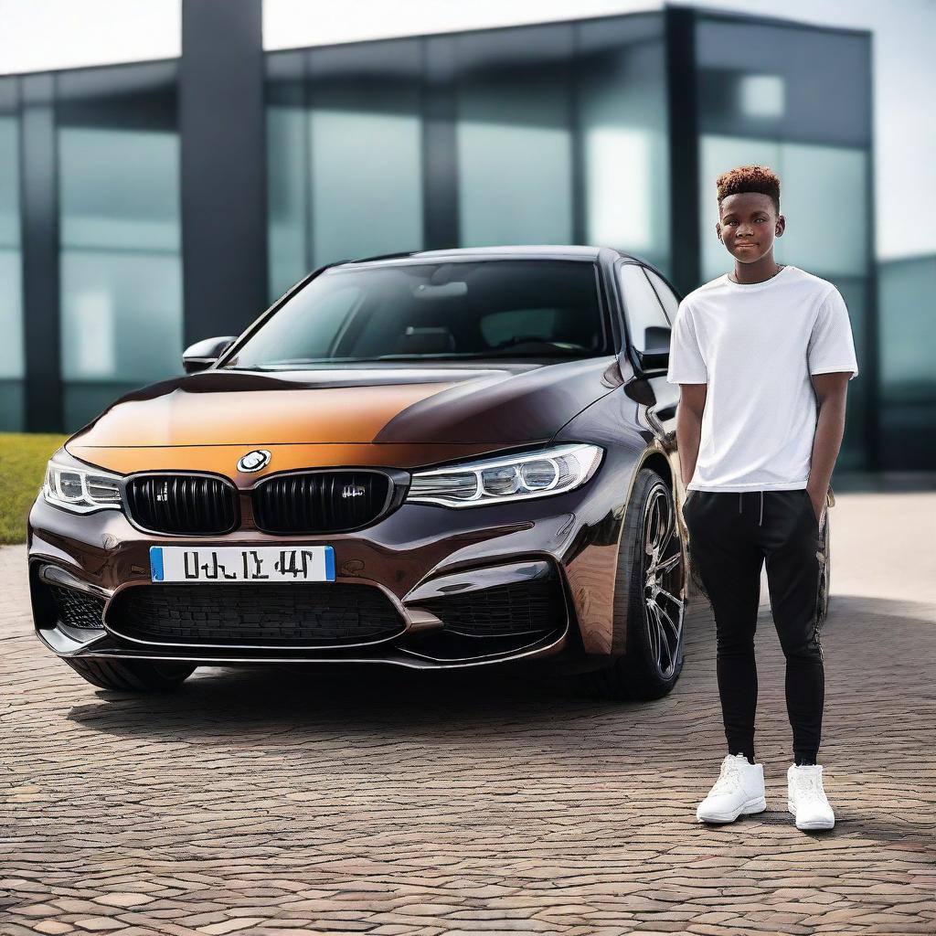 A black boy in a wheelchair, radiating confidence, standing in front of a stylish BMW M4 and a sporty VW Golf 7 GTI, symbolizing high-end automotive excellence.