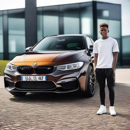 A black boy in a wheelchair, radiating confidence, standing in front of a stylish BMW M4 and a sporty VW Golf 7 GTI, symbolizing high-end automotive excellence.