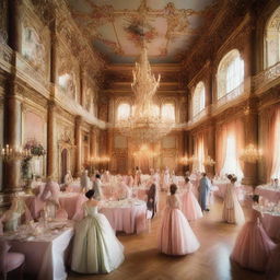 A 18th century lavish ballroom filled with people in intricate, elegant attire, dancing to a baroque music orchestra, conveyed in a pastel color palette