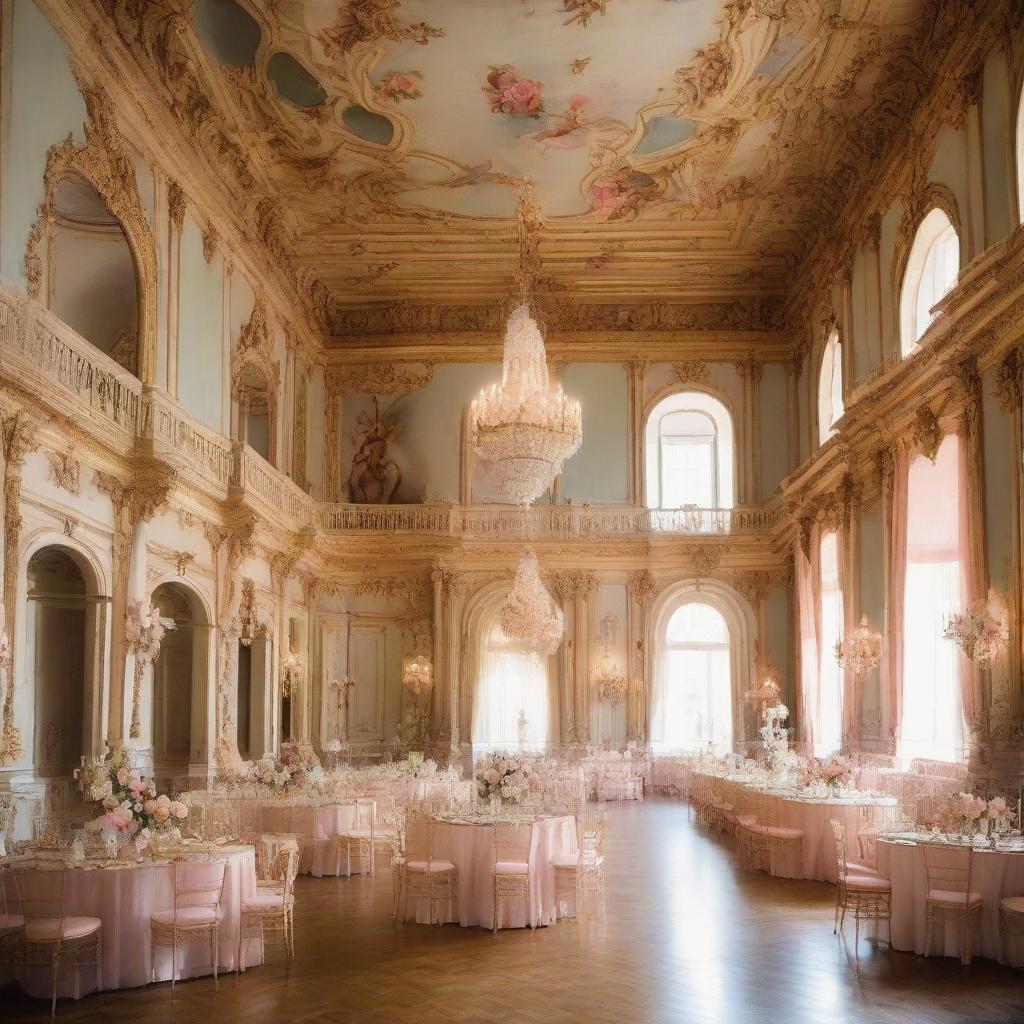 A 18th century lavish ballroom filled with people in intricate, elegant attire, dancing to a baroque music orchestra, conveyed in a pastel color palette