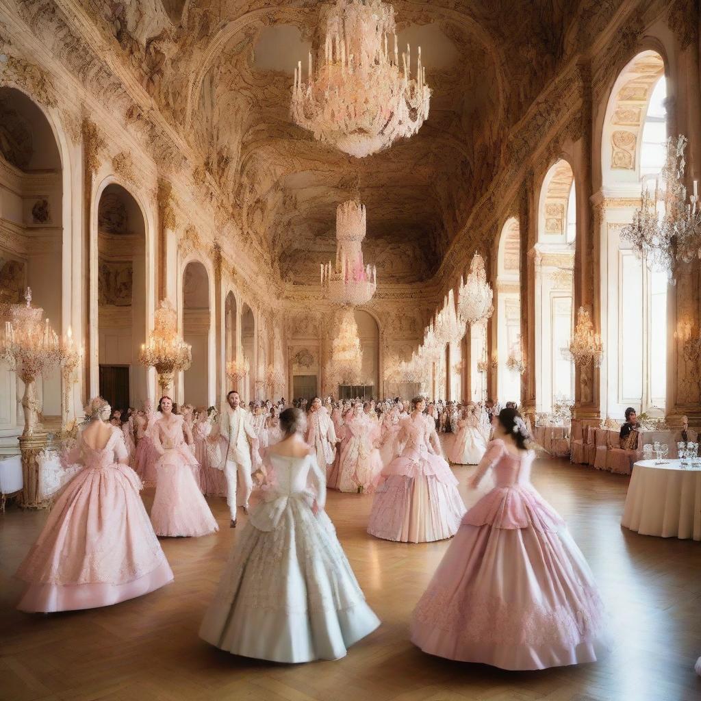 A 18th century lavish ballroom filled with people in intricate, elegant attire, dancing to a baroque music orchestra, conveyed in a pastel color palette