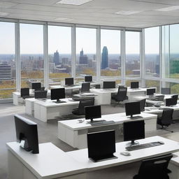 A modern office scene filled with desks, chairs, computers, and windows overlooking the city.