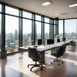 A modern office scene filled with desks, chairs, computers, and windows overlooking the city.