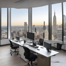 A modern office scene filled with desks, chairs, computers, and windows overlooking the city.