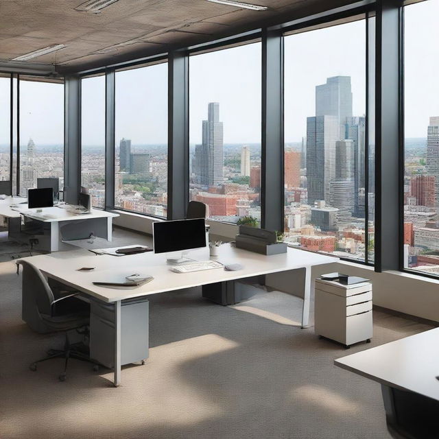 A modern office scene filled with desks, chairs, computers, and windows overlooking the city.