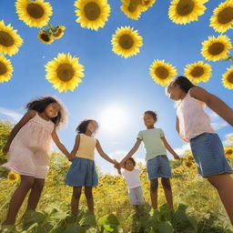 A group of multi-ethnic young children holding hands in a circle in a beautiful, sunflower-filled meadow under a clear blue sky