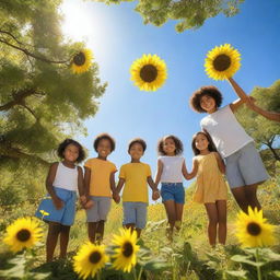 A group of multi-ethnic young children holding hands in a circle in a beautiful, sunflower-filled meadow under a clear blue sky