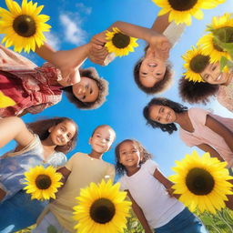 A group of multi-ethnic young children holding hands in a circle in a beautiful, sunflower-filled meadow under a clear blue sky