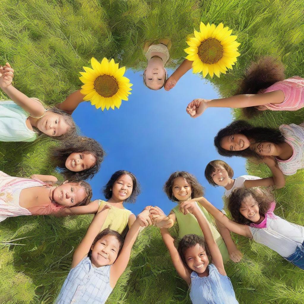 A group of multi-ethnic young children holding hands in a circle in a beautiful, sunflower-filled meadow under a clear blue sky