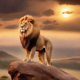 A regal lion standing atop a high rock against a backdrop of the mesmerising sunset, casting radiant hues across the African savannah