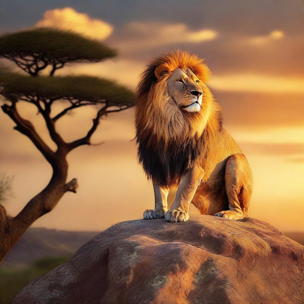 A regal lion standing atop a high rock against a backdrop of the mesmerising sunset, casting radiant hues across the African savannah