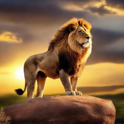 A regal lion standing atop a high rock against a backdrop of the mesmerising sunset, casting radiant hues across the African savannah