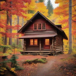 An old, rustic cabin nestled within a thick forest, surrounded by fall foliage in stunning hues of oranges, yellows and reds