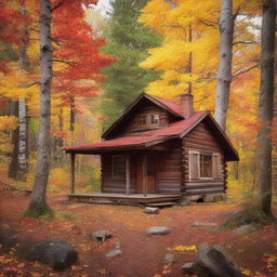 An old, rustic cabin nestled within a thick forest, surrounded by fall foliage in stunning hues of oranges, yellows and reds