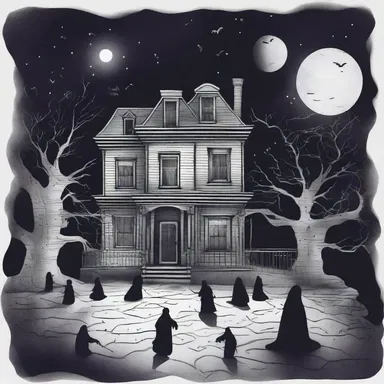 The haunted house constellated with ghostly figures lurking in every corner, creating a terrifying atmosphere.