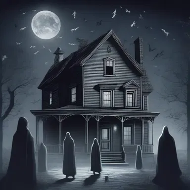 The haunted house constellated with ghostly figures lurking in every corner, creating a terrifying atmosphere.