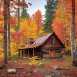 An old, rustic cabin nestled within a thick forest, surrounded by fall foliage in stunning hues of oranges, yellows and reds