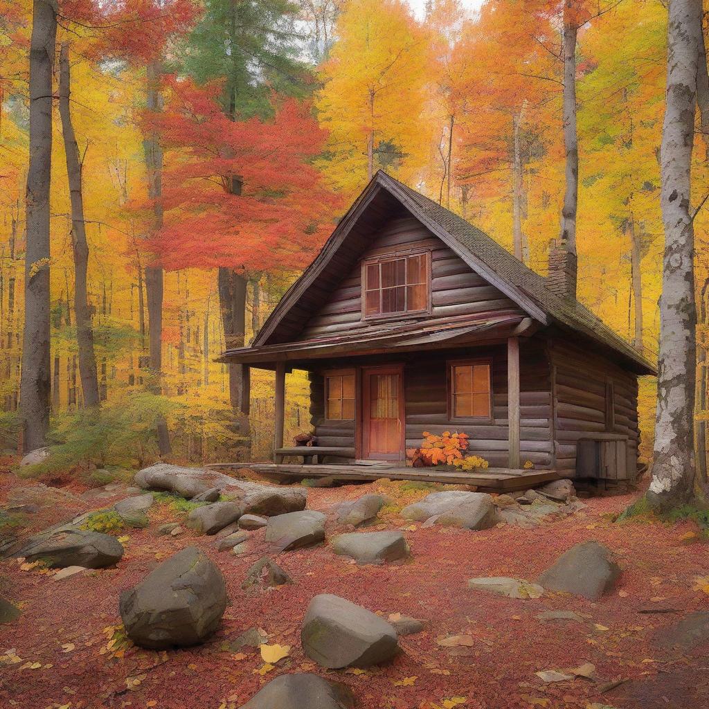 An old, rustic cabin nestled within a thick forest, surrounded by fall foliage in stunning hues of oranges, yellows and reds