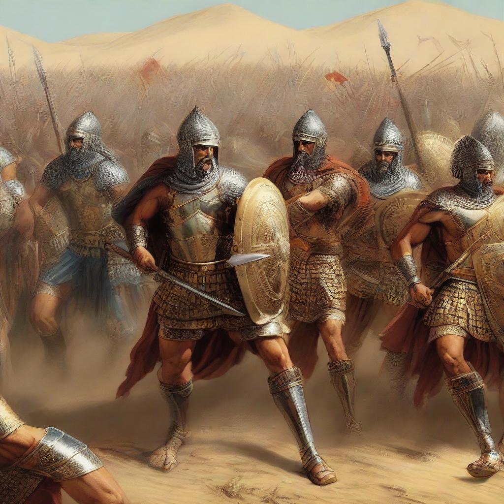 A vivid portrayal of an intense battlefield, the strong and majestic Achaemenid army in their shimmering armour and fearsome weapons locked in conflict with a less impressive, disheveled Roman army.