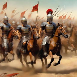 A vivid portrayal of an intense battlefield, the strong and majestic Achaemenid army in their shimmering armour and fearsome weapons locked in conflict with a less impressive, disheveled Roman army.