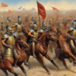 A vivid portrayal of an intense battlefield, the strong and majestic Achaemenid army in their shimmering armour and fearsome weapons locked in conflict with a less impressive, disheveled Roman army.