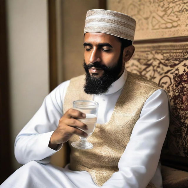 A Muslim man sitting on a chair, gently holding a glass of water as he takes a sip. His dress suggests his faith.