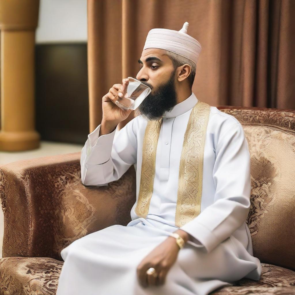 A Muslim man sitting on a chair, gently holding a glass of water as he takes a sip. His dress suggests his faith.