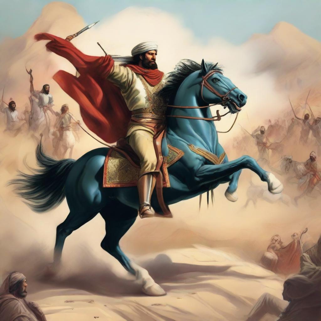 A heroic illustration of Pouriya Vali, a renowned Persian hero, in the heat of battle, showcasing his strength, bravery, and strategical acumen.