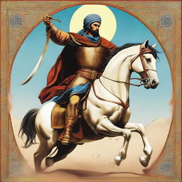 A heroic illustration of Pouriya Vali, a renowned Persian hero, in the heat of battle, showcasing his strength, bravery, and strategical acumen.