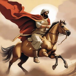 A heroic illustration of Pouriya Vali, a renowned Persian hero, in the heat of battle, showcasing his strength, bravery, and strategical acumen.