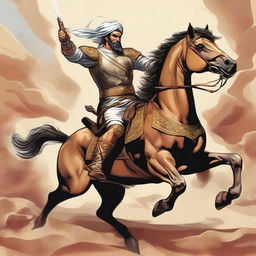 A heroic illustration of Pouriya Vali, a renowned Persian hero, in the heat of battle, showcasing his strength, bravery, and strategical acumen.