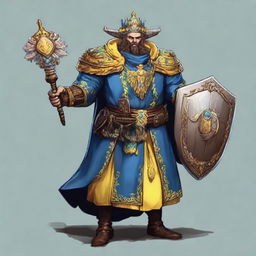 A final boss in a video game, personified as Ukraine. Picturing as a robust character with elements of traditional Ukrainian folklore outfits, a viburnum branch weapon, and a shield with the Ukrainian coat of arms.