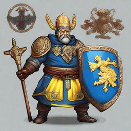 A final boss in a video game, personified as Ukraine. Picturing as a robust character with elements of traditional Ukrainian folklore outfits, a viburnum branch weapon, and a shield with the Ukrainian coat of arms.