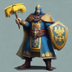 A final boss in a video game, personified as Ukraine. Picturing as a robust character with elements of traditional Ukrainian folklore outfits, a viburnum branch weapon, and a shield with the Ukrainian coat of arms.