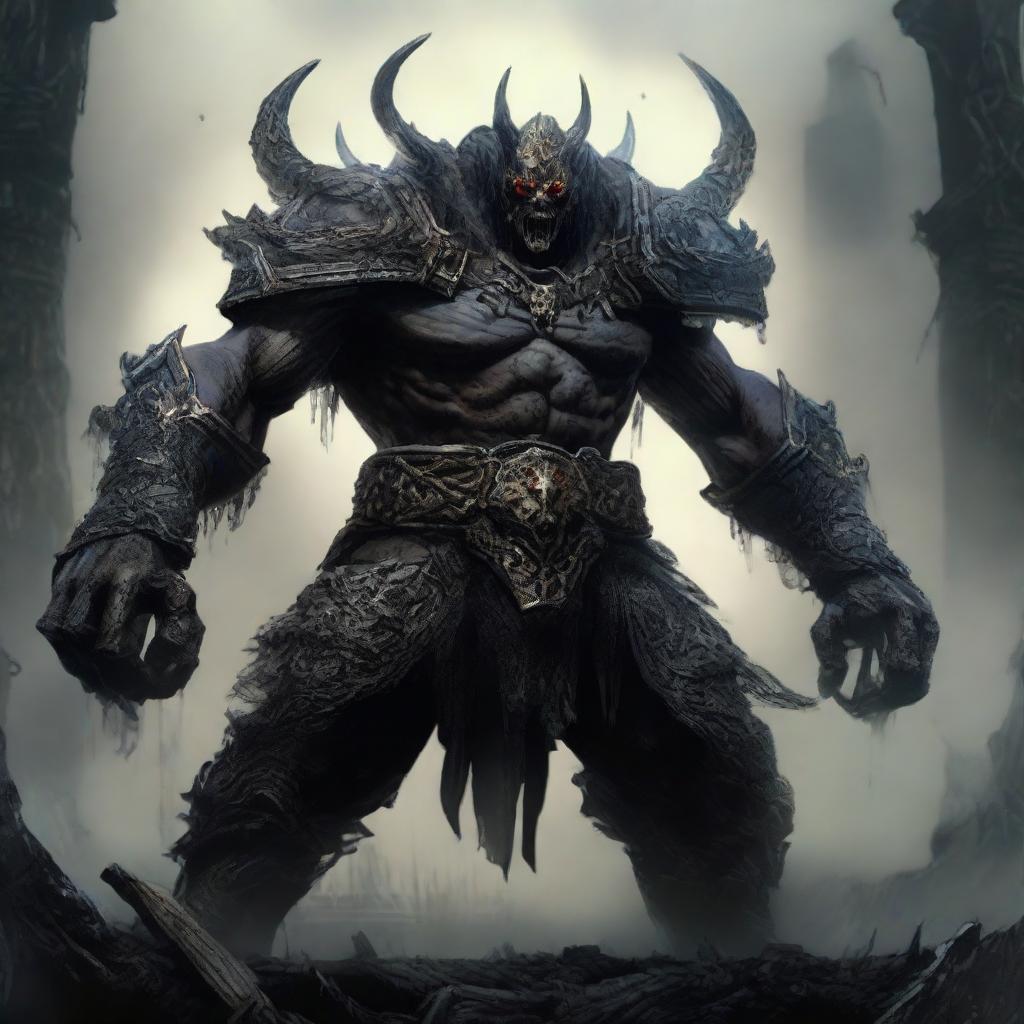 Final boss in Elden Ring video game, portrayed as Ukraine. The character should have an epic and powerful feeling, with typical Ukrainian elements and Elden Ring's mythic art style combining for an awe-inspiring confrontation.