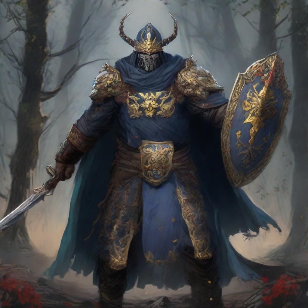 The final boss of Elden Ring video game, personified as a mighty Ukraine. The character is garbed in traditional Ukrainian dress, wielding a viburnum branch as a weapon and a shield emblazoned with the Ukrainian coat of arms, in an epic game setting.