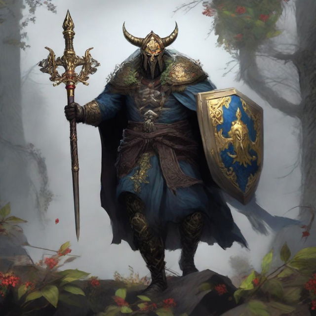 The final boss of Elden Ring video game, personified as a mighty Ukraine. The character is garbed in traditional Ukrainian dress, wielding a viburnum branch as a weapon and a shield emblazoned with the Ukrainian coat of arms, in an epic game setting.