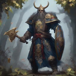 The final boss of Elden Ring video game, personified as a mighty Ukraine. The character is garbed in traditional Ukrainian dress, wielding a viburnum branch as a weapon and a shield emblazoned with the Ukrainian coat of arms, in an epic game setting.