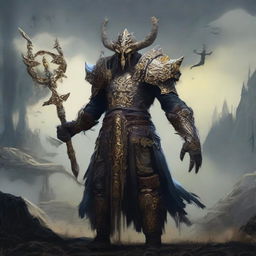 The final boss of Elden Ring video game personified as Ukraine, depicted as a less-human more mythical creature. Adorned with unique Ukrainian elements, like traditional attire and symbols, set in an epic fantasy gaming landscape.