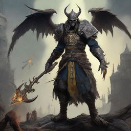 The final boss of Elden Ring video game personified as Ukraine, depicted as a less-human more mythical creature. Adorned with unique Ukrainian elements, like traditional attire and symbols, set in an epic fantasy gaming landscape.