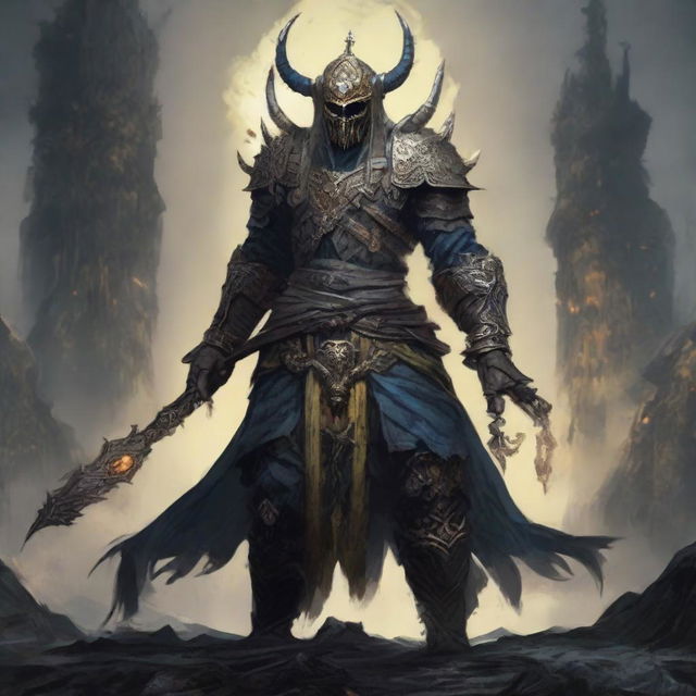 The final boss of Elden Ring video game personified as Ukraine, depicted as a less-human more mythical creature. Adorned with unique Ukrainian elements, like traditional attire and symbols, set in an epic fantasy gaming landscape.