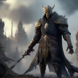 The final boss of Elden Ring video game personified as Ukraine, depicted as a less-human more mythical creature. Adorned with unique Ukrainian elements, like traditional attire and symbols, set in an epic fantasy gaming landscape.